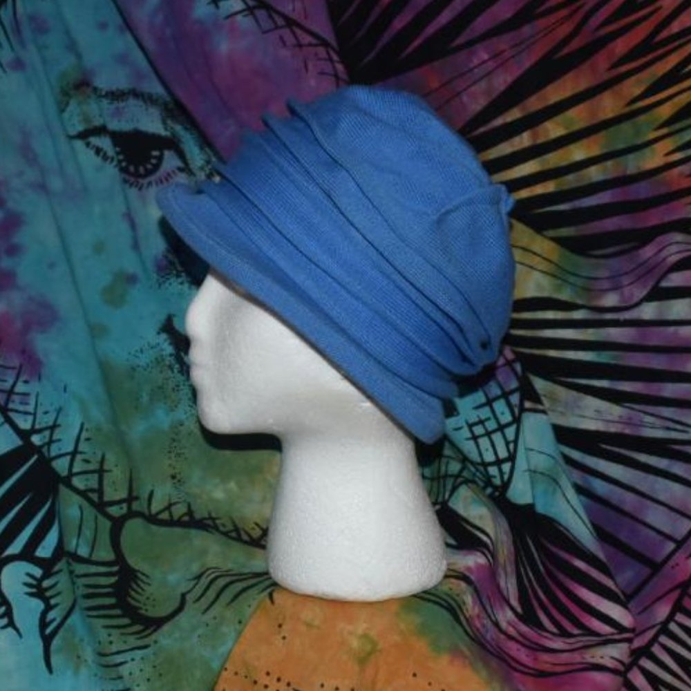 Retro Blue Bucket Cloche Flapper Hat Cap Ribbed 20's 30's Gatsby Brim Cotton